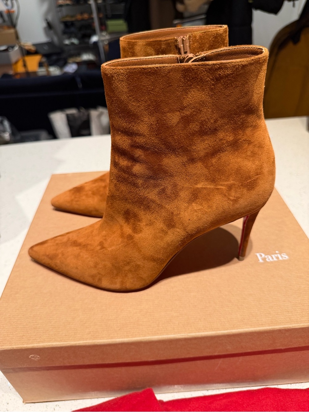 Christian Louboutin So Kate Suede Pointed-Toe Ankle Boots in camel Chestnut - Picture 3 of 9